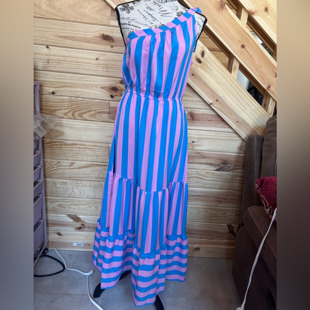 Elegant One-Shoulder Pink and Blue Striped Dress